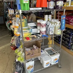 Wormers, supplements, scoops, and grooming supplies