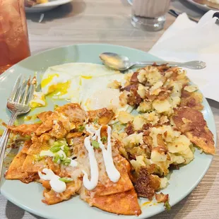 Chilaquiles with country style potatoes