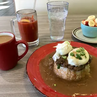 Loco Moco - excellent with an extra poached egg on top, side of fruit.