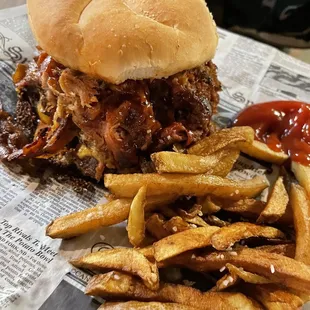 Pulled pork bacon cheddar sandwich meal