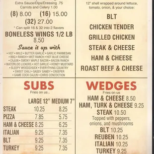 a menu for chicken wings