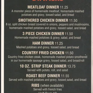 a menu for dinner