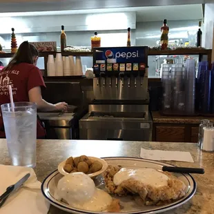 Classic country diner counter w/chicken fried steak!