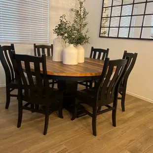 My custom-made 70-imch round dining table and chairs.