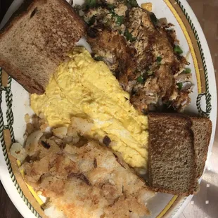 Salmon with onions and peppers and scrambled eggs