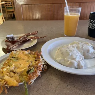 Whole bunch of goodness!biscuit and gravy &amp; hash browns with bacon