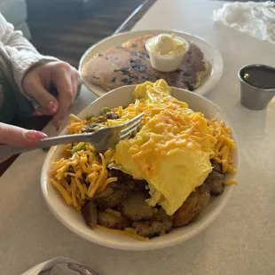 Breakfast skillet with chocolate chip pancake instead of toast