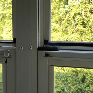 There is a web with a live spider on the black lock of the window.