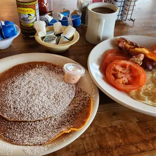 Eggs (over easy), Bacon, Sliced Tomatoes + Swedish Pancakes