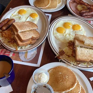 Country boy Breakfast on the left   Country rooster on the right with a side of pancakes