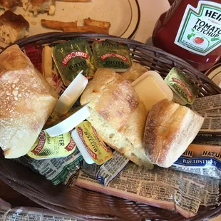 Our second basket of hot out of the oven bread. 3 different flavor breadsticks and crackers, real butter.