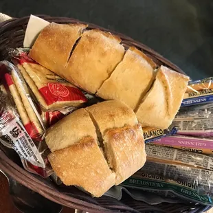 Bread basket, with fresh hot baguette.