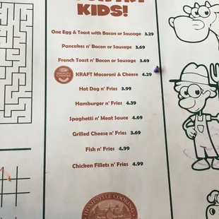 Kids menu