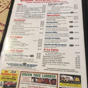 the menu and prices