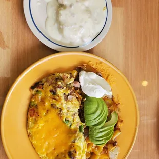 Hobo omelet with Cheddar potatoes and biscuits and gravy delicious