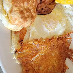 3 eggs overeasy, ham, hashbrowns and biscuit