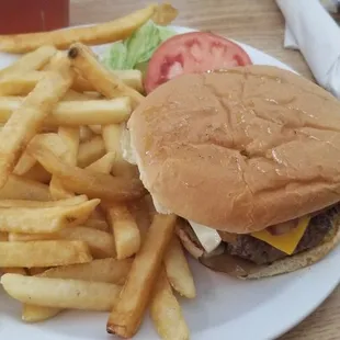 a hamburger and french fries