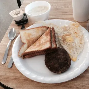 2 eggs, toast, sausage, grits n coffee. Hit the spot!