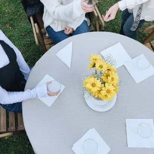 a group of people sitting around a table