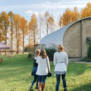 three women walking in a field