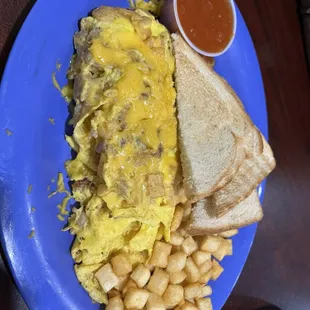 a blue plate of food