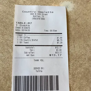 Receipt for breakfast plus a cup of bottomless coffee