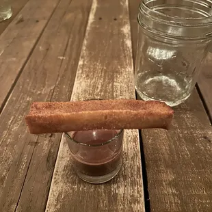 Five course: this dessert was yummy and it had a mochi texture and cinnamon seasoning, the chocolate was delicious with a spice to it.