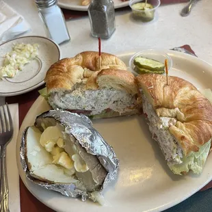 Chicken salad croissant with baked potato