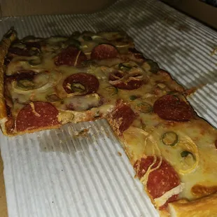 Crust was very thin and a lot of low grade  cheese on top of it.