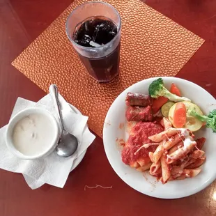 Plate 2:  two types of pasta, sausage, and vegetables with a small cup of turkey avgolemono soup  (nice that they feature soup and salad).