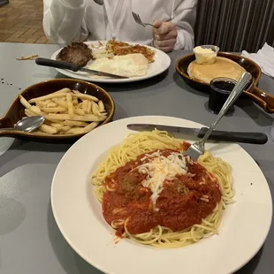 Pancakes, Eggs, Hash-browns, Sausage  Spaghetti and Meatballs Fries