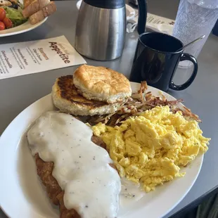 Country fried steak and eggs
