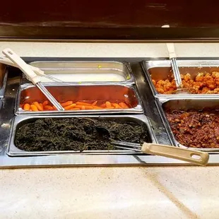 Dinner Buffet-fried chicken, baked chicken, ham, spinach, carrots, green beans, potatoes...