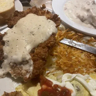 Country fried steak, scrambled eggs, biscuits and gravy. Don&apos;t judge me. It was too good!
