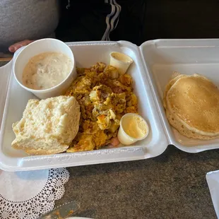 Fresh amazing biscuits with the farmers hobo meal. Homemade buttermilk pancakes.