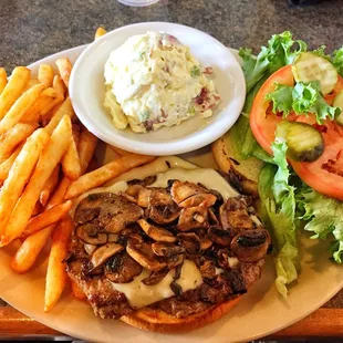 Mushroom Swiss Burger with French Fries and an added side of potato salad