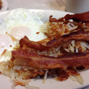 bacon, hash browns, and eggs
