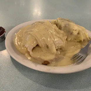 Delicious hot turkey sandwich. Real Turkey, rich gravy, homemade mash with skins on. Excellent. Served any time you need it.