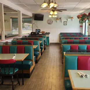 colorful booths and tables in a diner