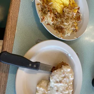 Country Fried Steak with Sausage Gravy; Hash Browns &amp; scrambled eggs!