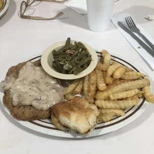 County Fried Steak, fries and green beans.