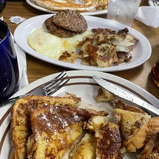 a plate of french toast and pancakes