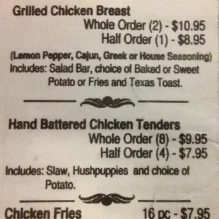 a menu for chicken