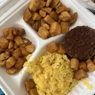 Scrambled eggs with American cheese  Home fries  Turkey sausage