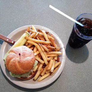 Here&apos;s an aerial view of lunch that day - chicken sandwich with fries, plus a soft drink.