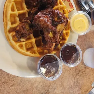 Chicken and Waffles -- sweet cakey batter