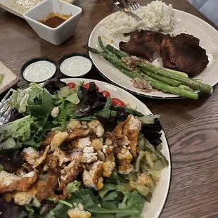 Hot chicken salad and cedar plank pork ribeye