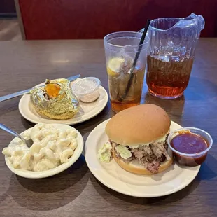Perfect Pork Sandwich, Perfect Mac N Cheese, sweet potato with toppings, Perfect Sweet Tea