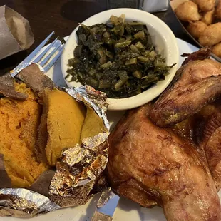 1/2 smoked chicken with collard greens, sweet potato and hush puppies