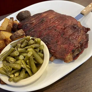 Smoke bbq ribs, green beans and home fries...